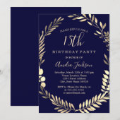 Elegante Navy Gold Waterverf 15e verjaardag Kaart (Voorkant / Achterkant)