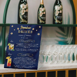 Elegante Navy Gold Wedding Floral Signature Drinke Reclamebord Met Voetstuk