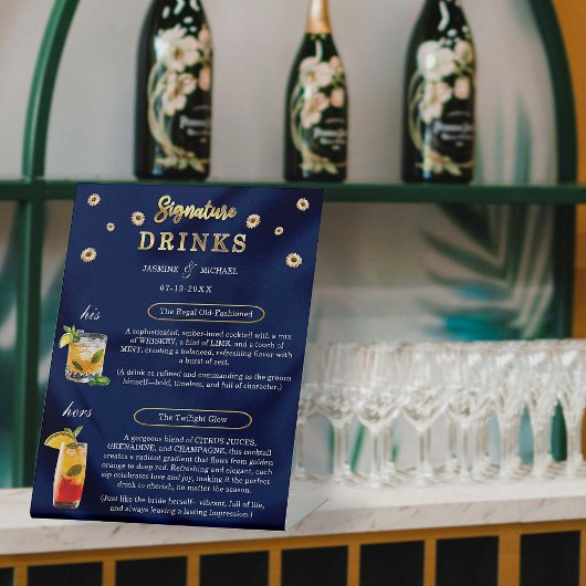Elegante Navy Gold Wedding Floral Signature Drinke Reclamebord Met Voetstuk
