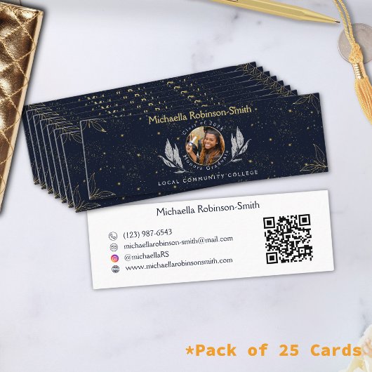 Elegante Navy Goud Afstudeer QR-code Contactkaartje