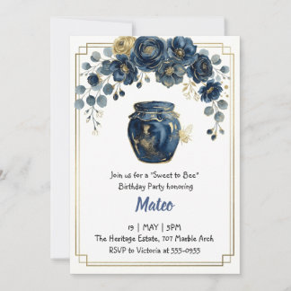 Elegante Navy Goud Bloem Bij Honing Verjaardag Kaart