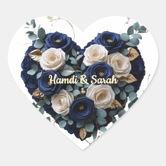 Elegante Navy Goud Bloem Monogram Hart Sticker (Voorkant)