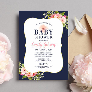 Elegante Navy Goud Bloemachtige Baby Meisje Shower Kaart