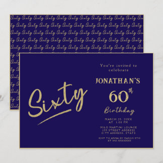 Elegante Navy Goud Borstel Schrift 60ste Verjaarda Kaart