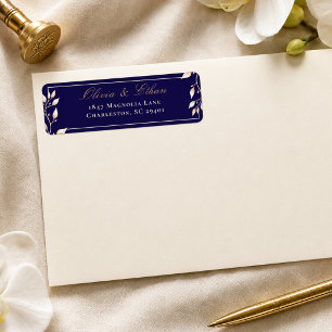Elegante Navy Goud Botanische Trouw Retouradres Etiket