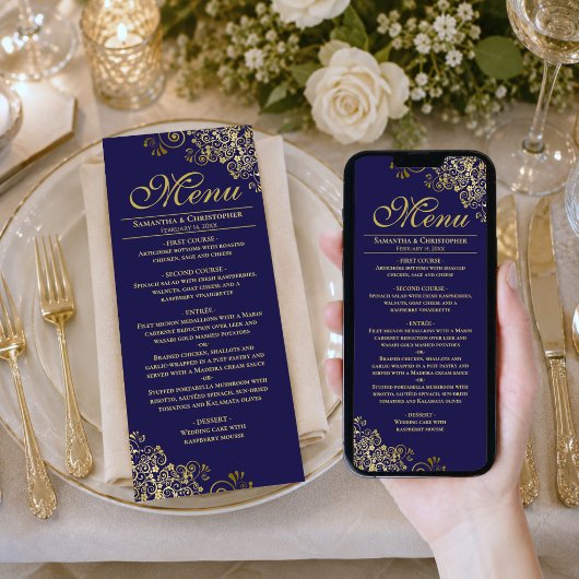 Elegante Navy & Goud Downloadbare Trouwmenu Kaart
