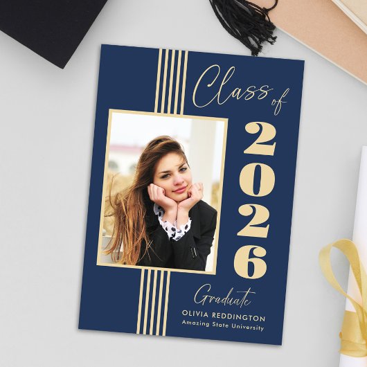 Elegante Navy Goud Foto Frame 2026 Afstuderen Aankondiging
