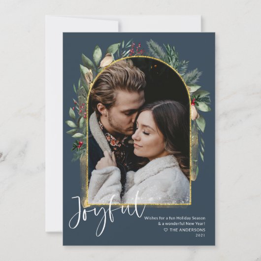 Elegante Navy Goud Groene Boog Foto Feestdagenkaart (Voorkant)