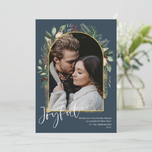 Elegante Navy Goud Groene Boog Foto Feestdagenkaart (Staand voorkant)
