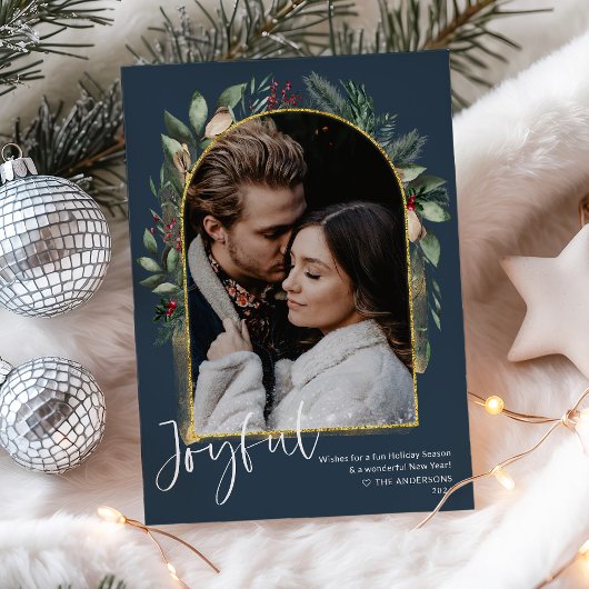 Elegante Navy Goud Groene Boog Foto Feestdagenkaart