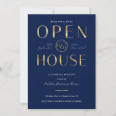 Elegante Navy & Goud Logo Business Open House Kaart (Voorkant)