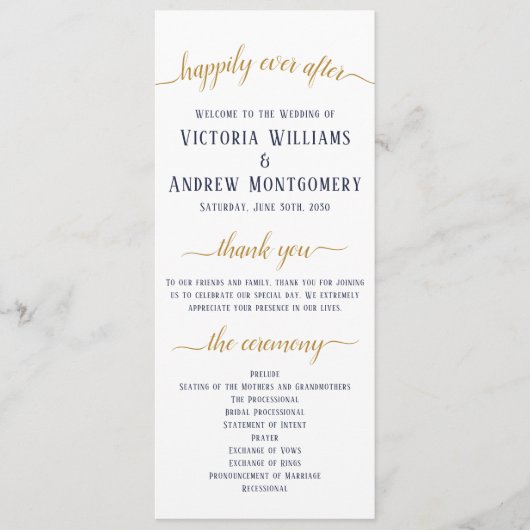 Elegante Navy Goud Script Minimale Trouwceremonie Programmakaart (Voorkant)