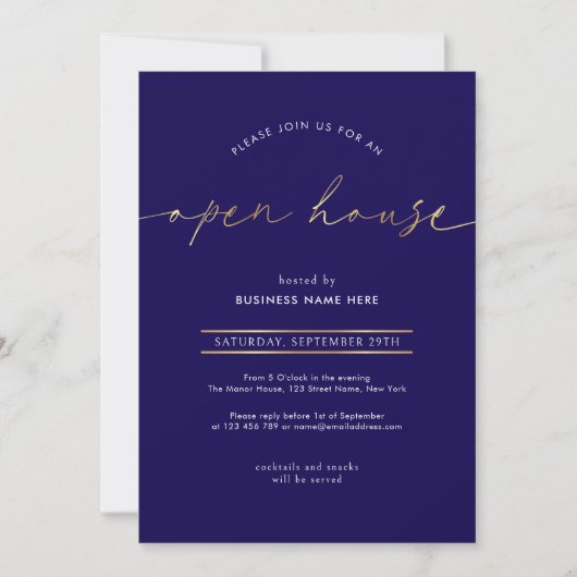 Elegante Navy & Goud Script Zakelijke Open Huis Kaart (Voorkant)