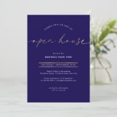 Elegante Navy & Goud Script Zakelijke Open Huis Kaart (Staand voorkant)