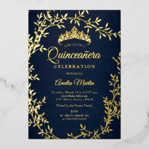 Elegante Navy Gouden Blad Krans Quinceanera Folie Uitnodiging