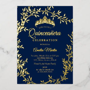 Elegante Navy Gouden Blad Krans Quinceanera Folie Uitnodiging