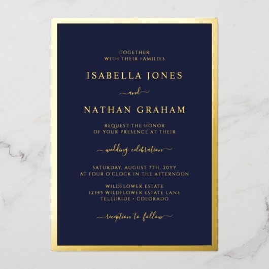 Elegante Navy Gouden Bruiloft Folie Uitnodiging (Voorkant)
