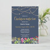 Elegante Navy / Gouden Glitter Floral Quinceanera Kaart (Staand voorkant)