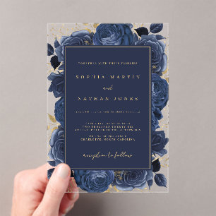 Elegante Navy Gouden Roos Heldere Trouw Acryl Uitnodigingen
