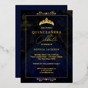 Elegante Navy Gouden Roze Jurk Quinceanera Folie Uitnodiging