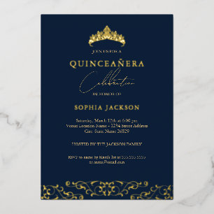 Elegante Navy Gouden Tiara Script Quinceanera Folie Uitnodiging