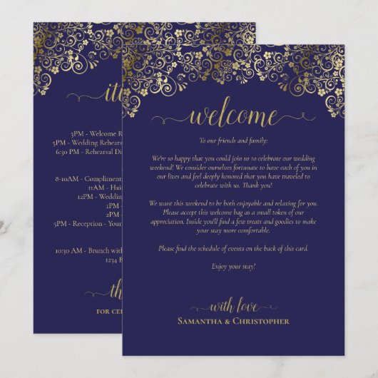 Elegante Navy & Gouden Trouw Welkom & Reisprogramm Programmakaart (Voorkant / Achterkant)