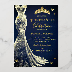 Elegante Navy Gouden Vlinder Quinceanera Folie Uitnodiging