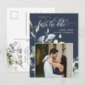 Elegante Navy Green Leaves QR Code Save the Date Aankondigingskaart (Voorkant / Achterkant)