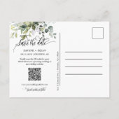 Elegante Navy Green Leaves QR Code Save the Date Aankondigingskaart (Achterkant)