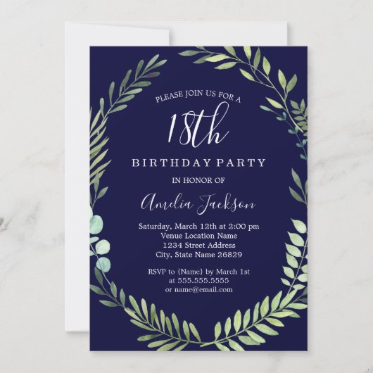 Elegante Navy Green Waterverf 18e verjaardag Kaart (Voorkant)