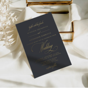 Elegante Navy Grijs Vintage Calligrafie Bruiloft Folie Uitnodiging