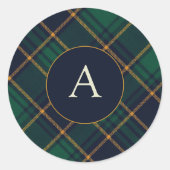 Elegante Navy Groen Plaid Monogram Ronde Sticker (Voorkant)