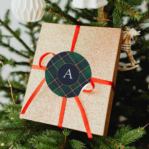 Elegante Navy Groen Plaid Monogram Ronde Sticker