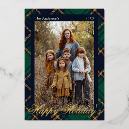 Elegante Navy Groen Tartan Vakantie Gouden  Folie Feestdagenkaart