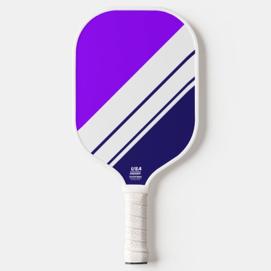 Elegante Navy Heldere Paarse Witte Racing Stripes Pickleball Paddle (Voorkant)