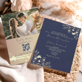 Elegante Navy Herfst Bloemencode QR Trouwkaart Kaart