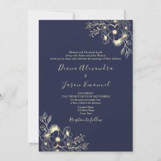 Elegante Navy Herfst Floral QR Code Wedding Kaart (Voorkant)