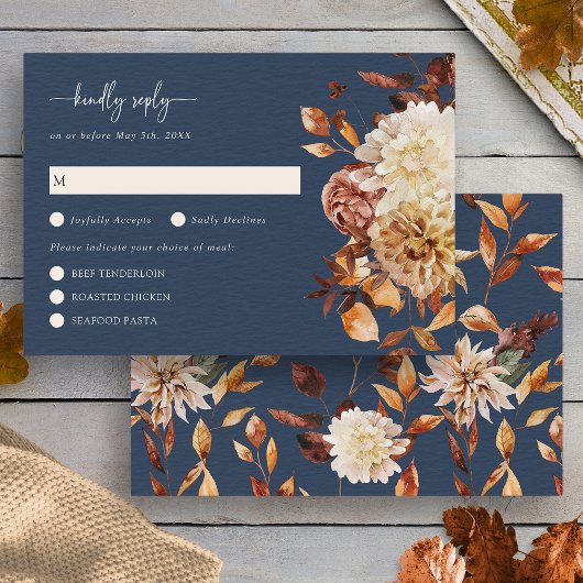 Elegante Navy Herfstbladeren Bloem RSVP Kaart