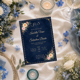 Elegante Navy Hoek Bloemige Bruiloft Kaart