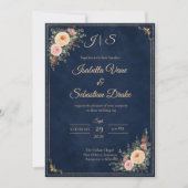 Elegante Navy Hoek Bloemige Bruiloft Kaart (Voorkant)