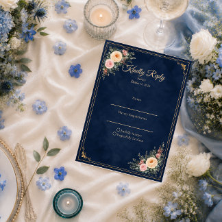 Elegante Navy Hoek Bloemige Bruiloft RSVP Kaartje