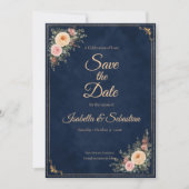Elegante Navy Hoek Bloemige Bruiloft Save The Date (Voorkant)