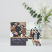 Elegante Navy Holiday Cheer Photo Collage Gold Briefkaart (Staand voorkant)