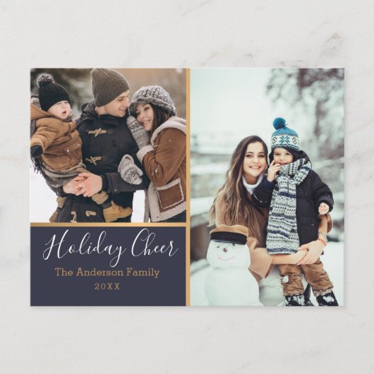 Elegante Navy Holiday Cheer Photo Collage Gold Briefkaart (Voorkant)