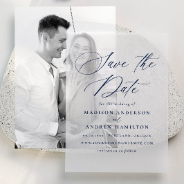 Elegante Navy kalligrafie Huwelijk Save the Dates Vellum Uitnodigingen