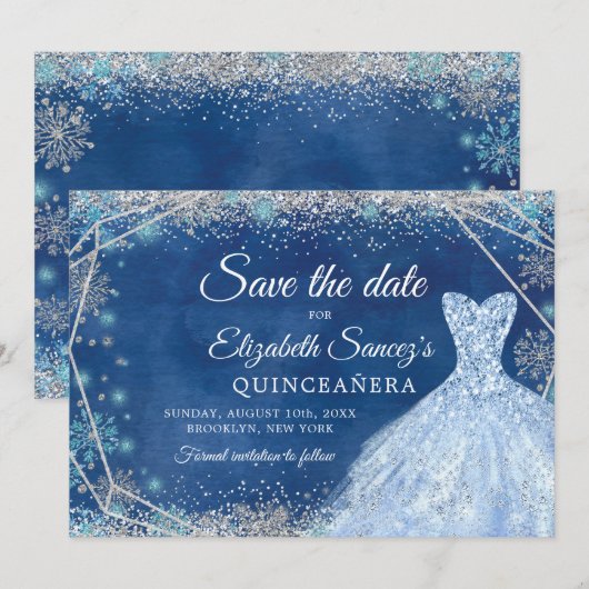 Elegante Navy Kerst Mis Quince Save The Date Kaart (Voorkant / Achterkant)