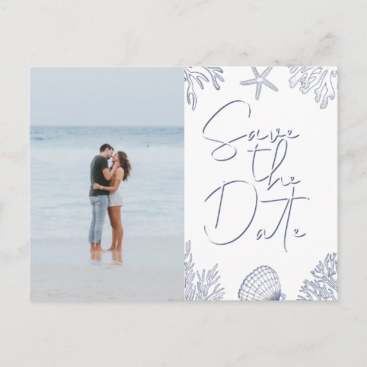 Elegante Navy Koraal Strand Foto Save The Date Uitnodiging Briefkaart (Voorkant)