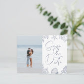 Elegante Navy Koraal Strand Foto Save The Date Uitnodiging Briefkaart (Staand voorkant)