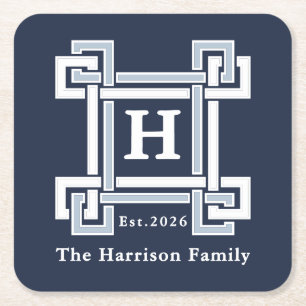 Elegante Navy Kust Griekse Sleutel Monogram Kartonnen Onderzetters