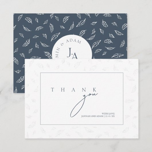Elegante Navy Leaf Monogram Bedankkaart (Voorkant / Achterkant)